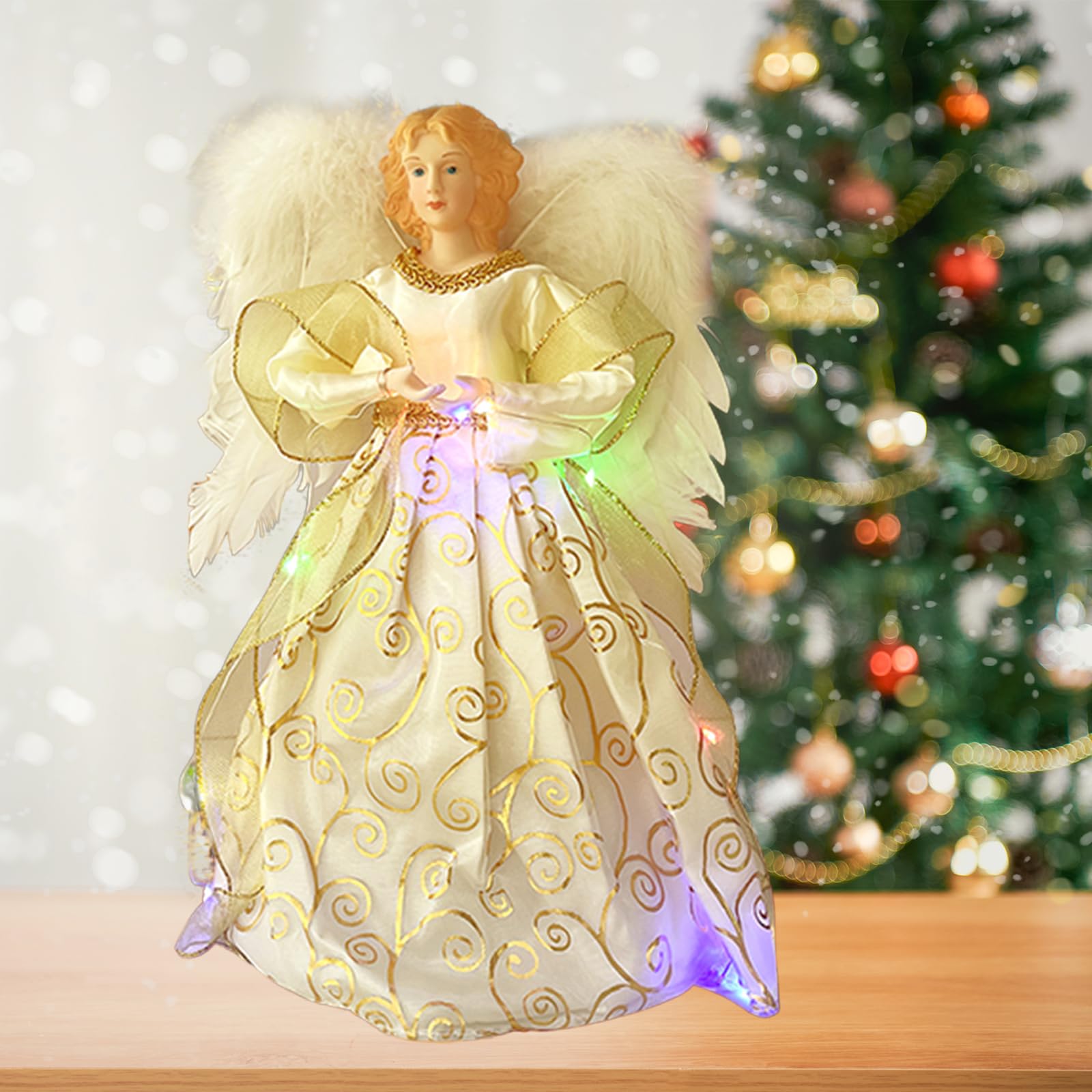 mumisuto Christmas Angel Tree Topper Decorations 12.6inch Exquisite Christmas Tree Fairy Topper Decorations With Feather Wings Light Up Fairy Topper Treetop for Xmas Tree Topper Decoration