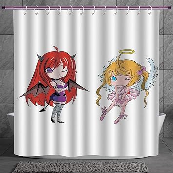 Stylish Shower Curtain 2 0 Anime Angel Girl With Wings And Demon Girl With Horns Fairytale Comic Japanese Manga Art Print White Digital Printing Polyester Antique Theme With Adjustable Hook Amazon In Home,Sitting Anime Body Base Male