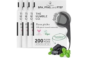 The Humble Co. Floss Picks (200 Count) – Plant Based Dental Floss Picks for Superior Oral Care, Dental Hygiene, and Gum Health, Cruelty Free Tooth Floss Picks (Charcoal, Double Thread)