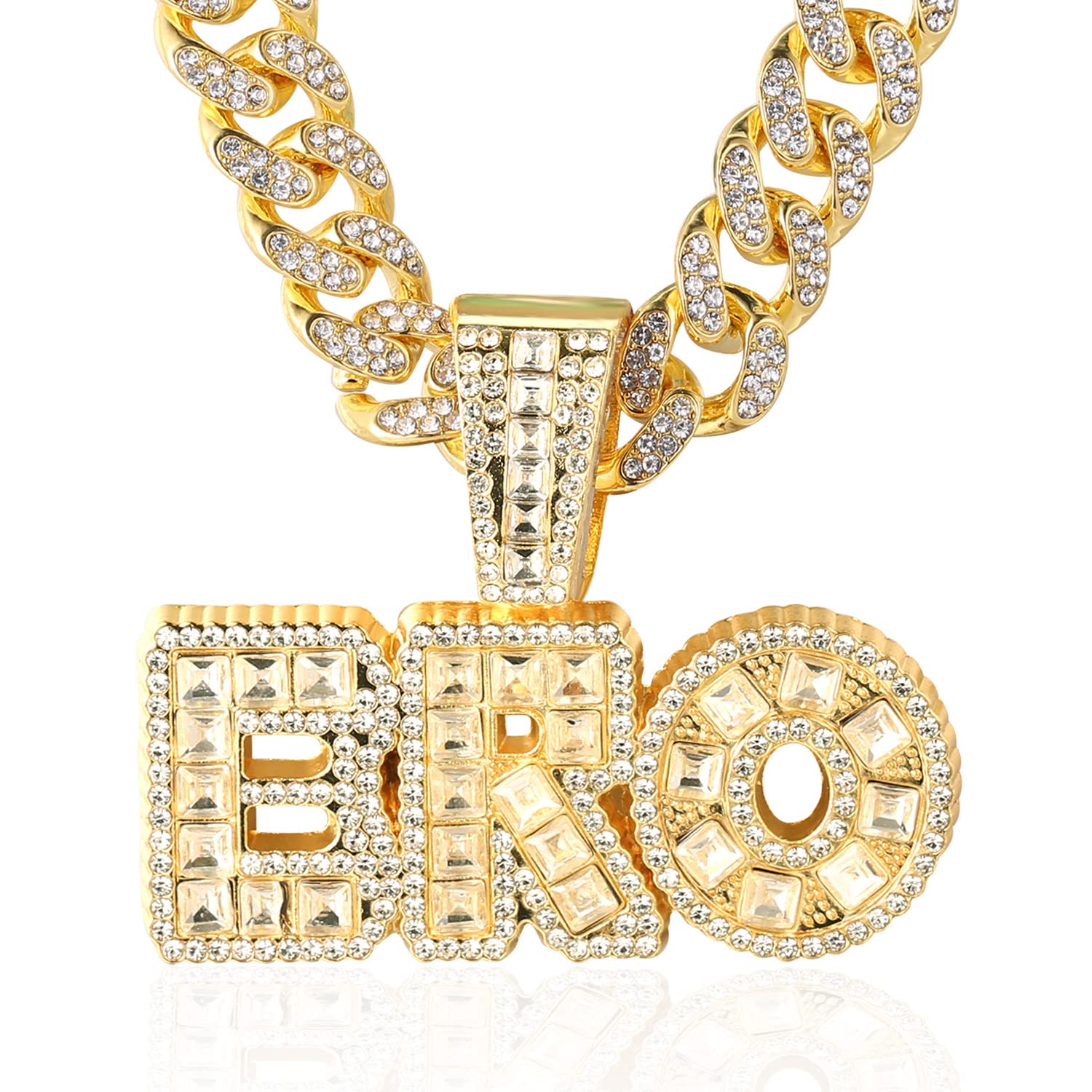 HALUKAKAH ● BRO ● Gold Chain for Men 18k Real Gold Plated Iced Out Pendant Necklace,Full Cz Lab Diamonds Prong Set,with 14mm Cuban Link Chain 45cm,Free Giftbox