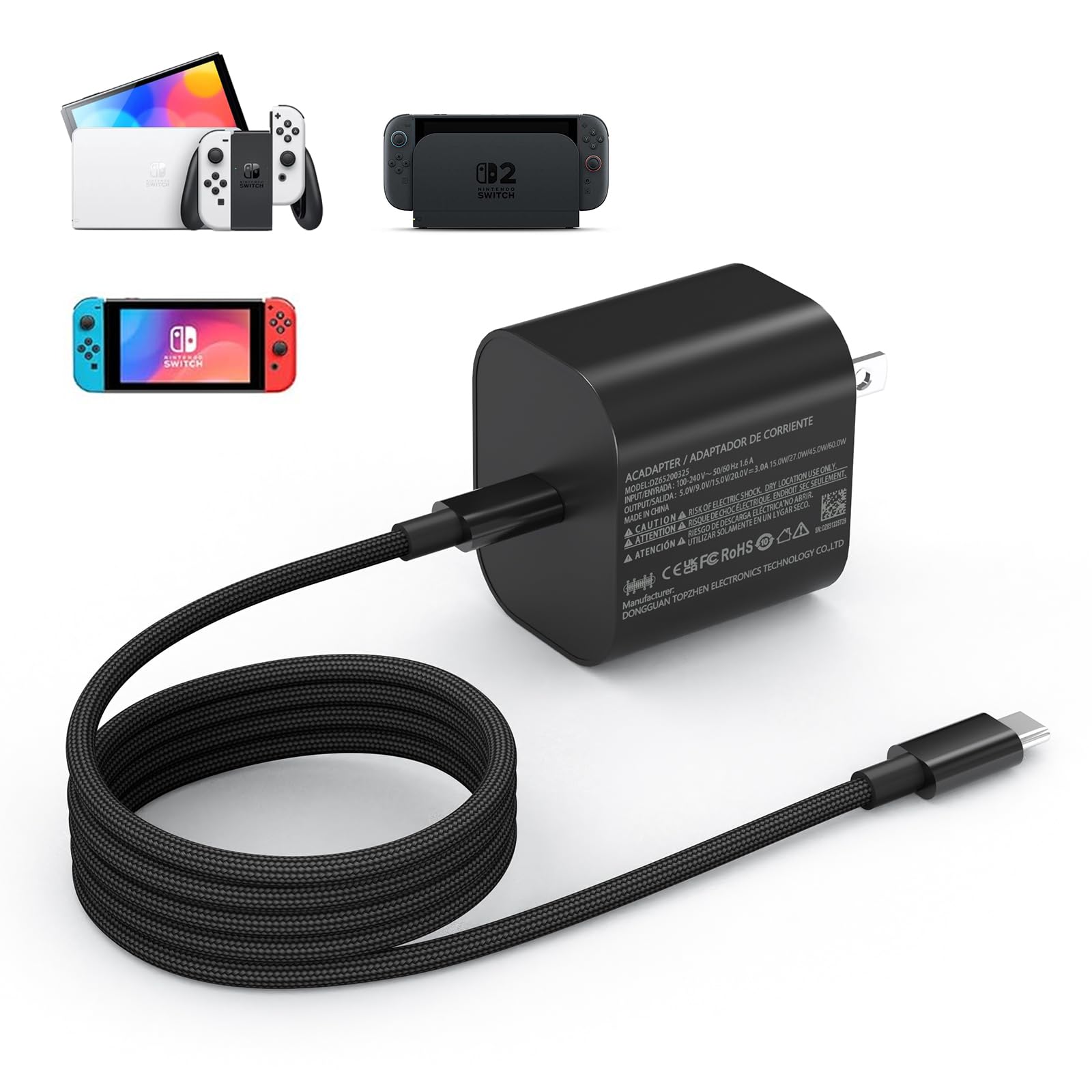 60W Charger Compatible with Nintendo Switch 2/1,Switch Lite/LITE/OLED, 20V/3A AC Adapter，PD 3.0 Fast Charging with 6.6FT USB-C Cable & TV Mode Support
