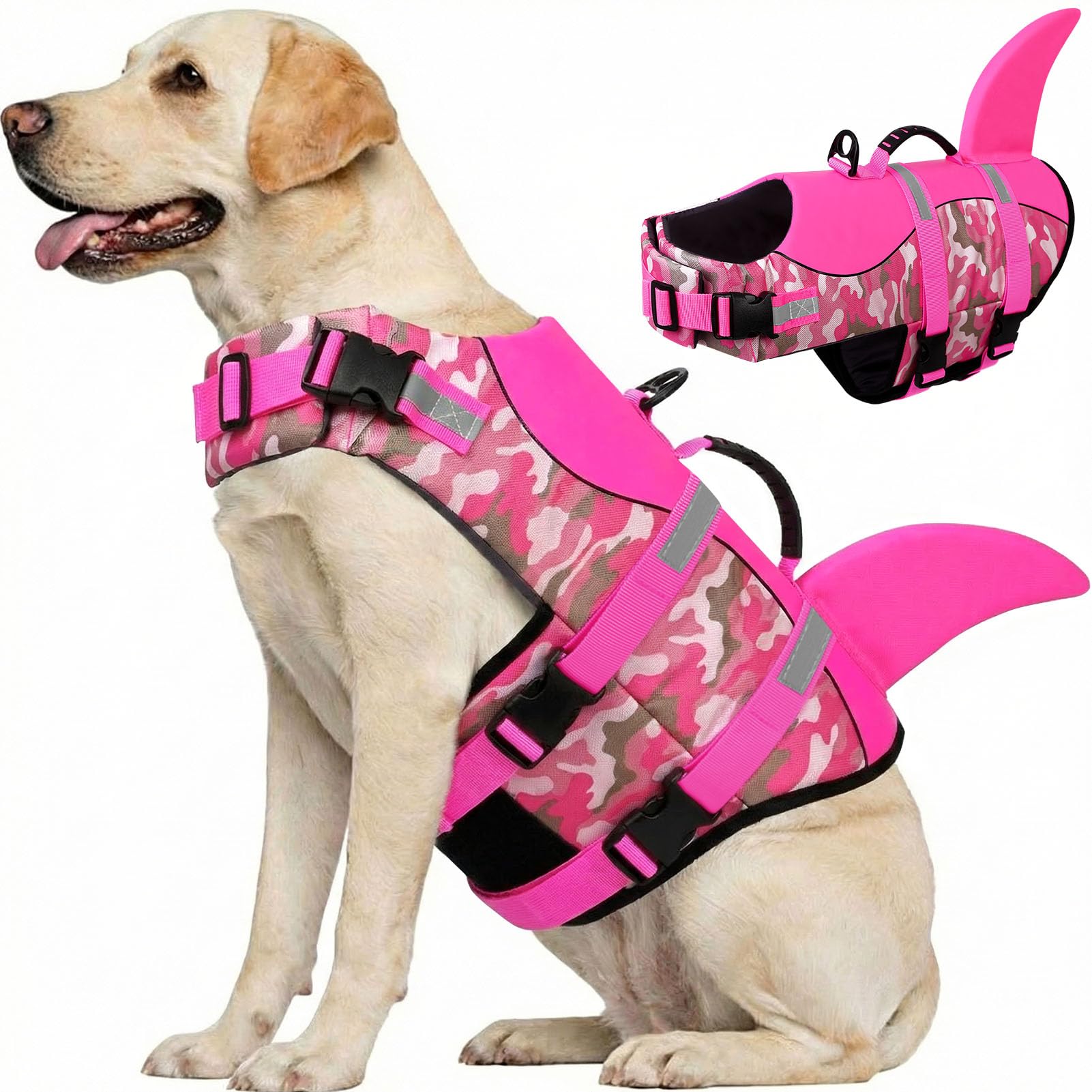 CITÉTOILE Dog Life Jacket Shark Costume, Puppy Safety Vest for Swimming Pool Beach Boating, Training Flotation Vest with Rescue Handle & Reflective Strips for Dogs, Pink Camo, XL