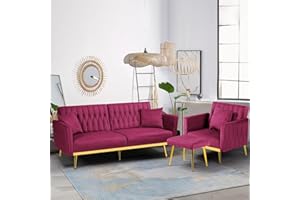 ACMEASE 2 Pieces Velvet Futon Sofa Set with Adjustable Backrests and Armrests, 70” Convertible Sofa Bed & Tufted Accent Chair with Ottoman for Living Room, Fuchsia