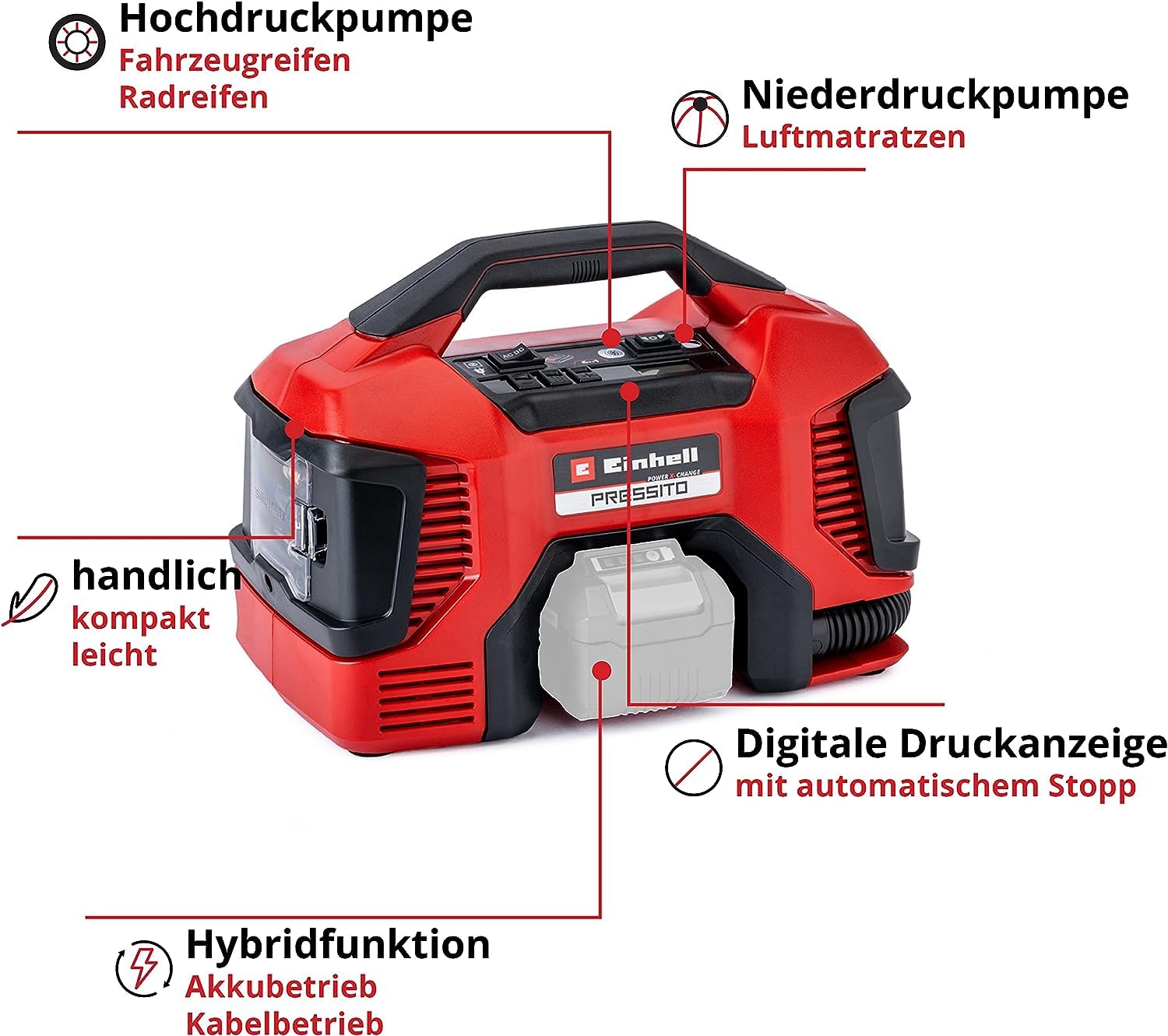 Einhell Hybrid-Kompressor PRESSITO Power X-Change (18 V, max. 11 bar, 31 cm Schlauchlänge, inkl. 3-tlg. Adapter-Set, ohne Akku) 3