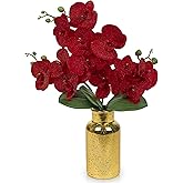Red Orchids Artificial Flowers Faux Orchid Arrangement with Gold Glass Vase Real Touch Velvet Phalaenopsis Orchid Flowers Orchids Centerpiece for Dining Room Table