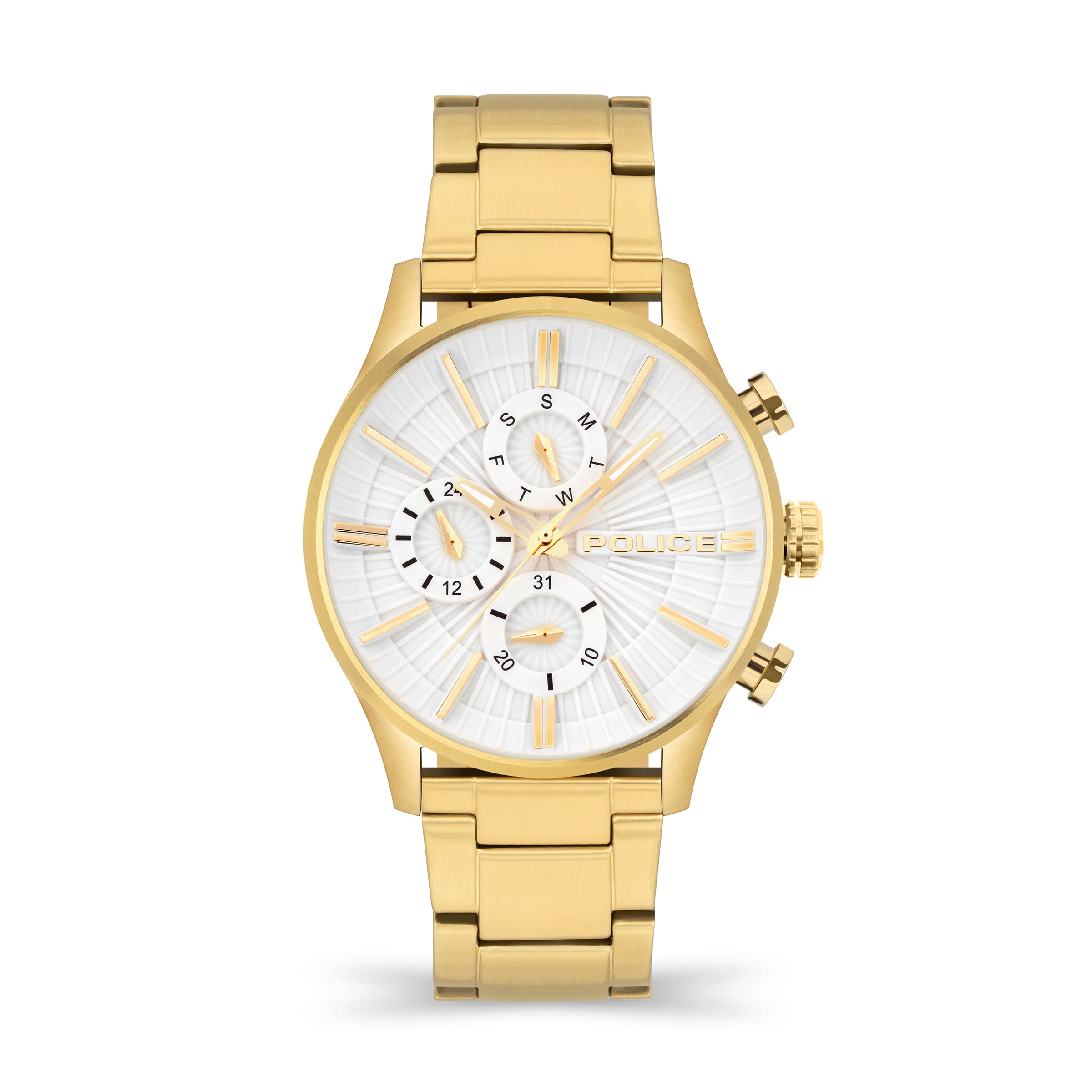 Police Barter Mens Multifunction Watch with White Dial and Gold Stainless Steel Bracelet, 44mm Stainless Steel Case in Branded Watch Box PEWJK2195001 – 2 Year Warranty
