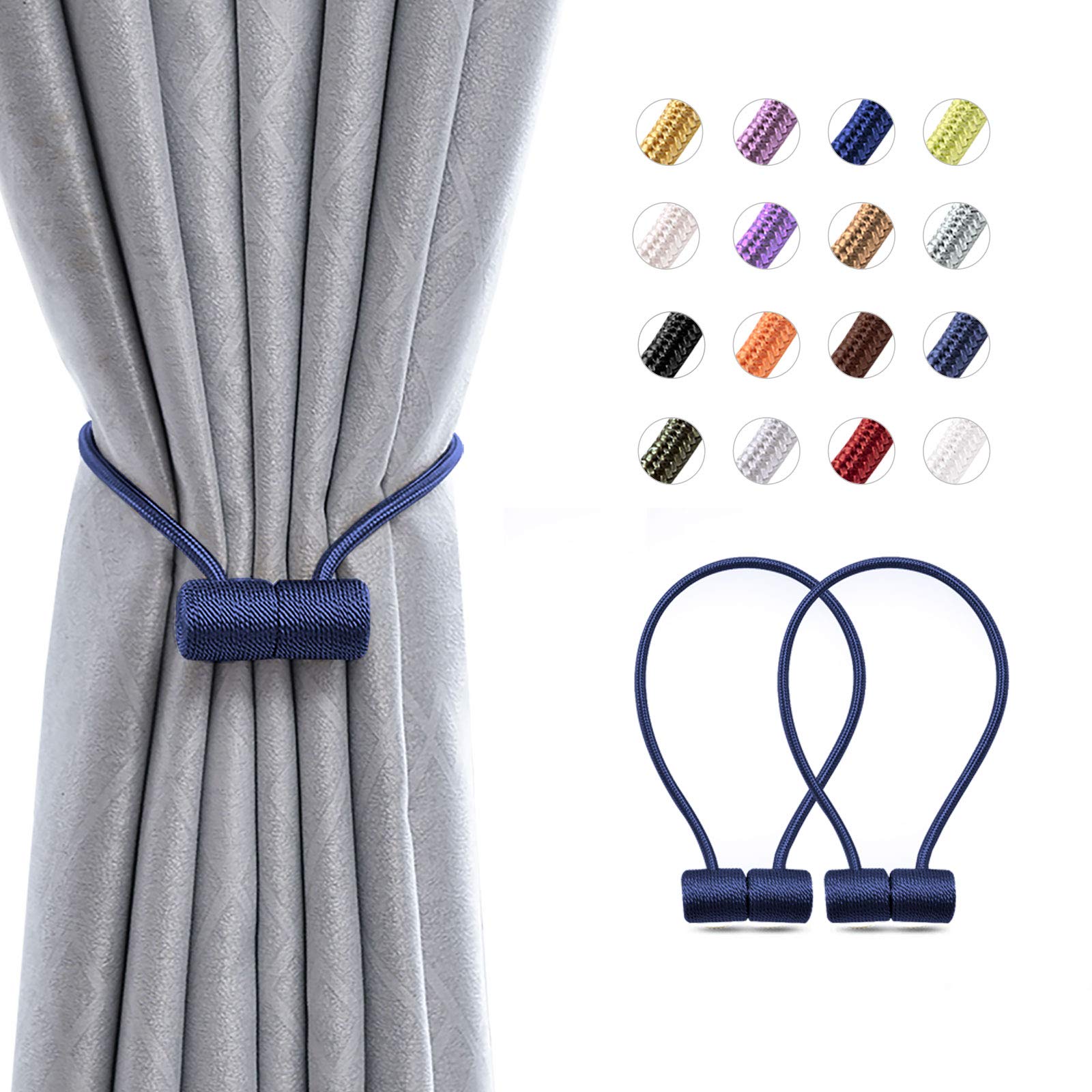 Pretty Jolly 2 Pack Magnetic Curtain Tiebacks 16 Inch Modern Handmade Weave Rope Curtain Holdbacks Convenient Decorative Curtain Drape Tie Backs for Home and Office Window Drapery (Dark Blue)