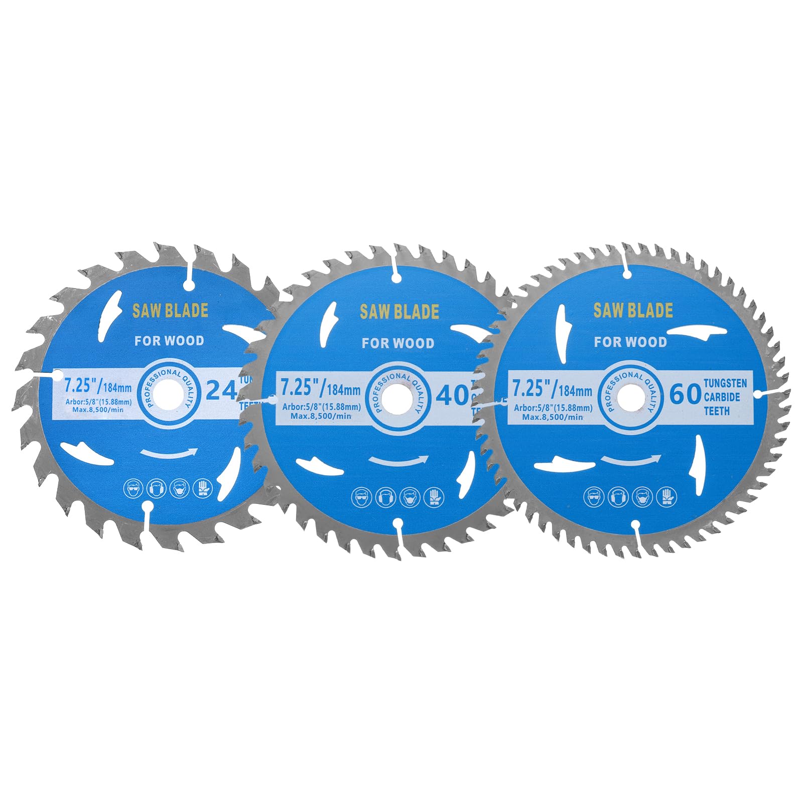 Kozelo 3pcs Circular Saw Blade Combo- [7-1/4-inch x 24/40/60 Teeth x 5/8-inch Arbor] Circular Cutting Blade with 5/8" to 3/8" Washer Adapter for Woodworking Plastic Use, 0.09-inch Kerf
