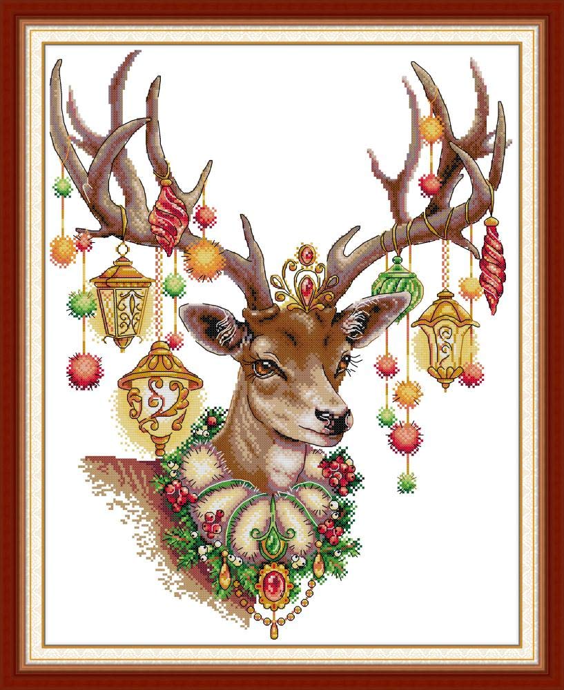 WOWDECOR Cross Stitch Embroidery Kits for Adults, Animals Deer Antlers Light Shell 11CT Stamped DIY DMC Needlework Easy Beginners