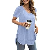 JomeDesign Summer Tops for Women Short Sleeve V Neck Shirts Side Split Loose Casual Tunic Tops