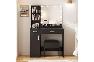 Fameill Makeup Vanity Desk with Lighted Mirror,Makeup Vanity with Lights,35inch Vanity Table Set with 2 Drawers & Storage Cabinet,3 Color Lighting Brightness Adjustable,Black