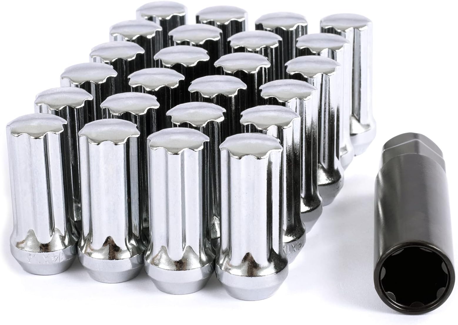 24pc Bulge 7-Spline Steel Wheel Lug Nuts for 14x1.5 Studs Chevy GMC Toyota Ram Silverado 1500 F150 Tundra 2" Tall Silver