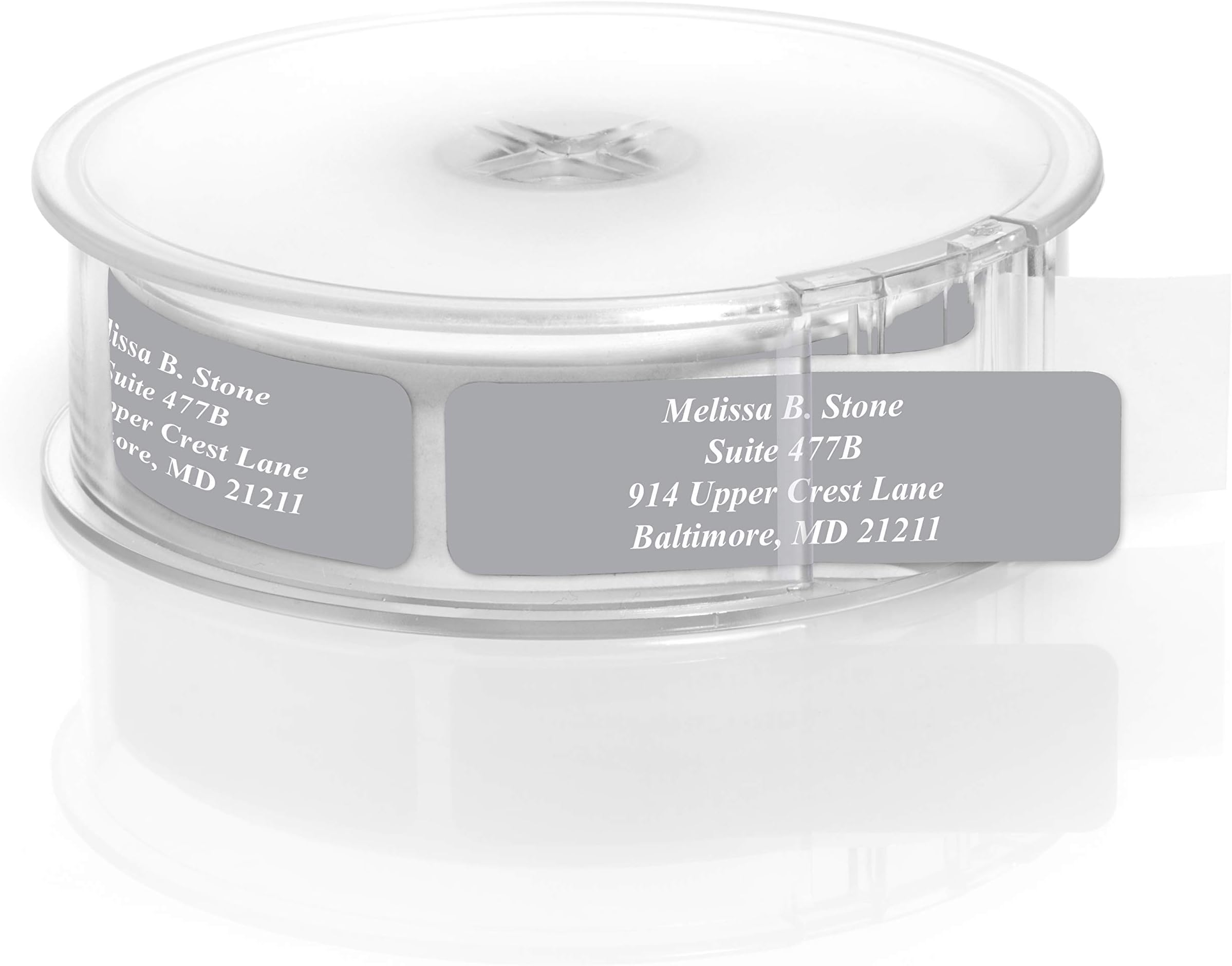 Gray Colored Personalized Address Labels with White Print and Elegant Plastic Dispenser - Roll of 500