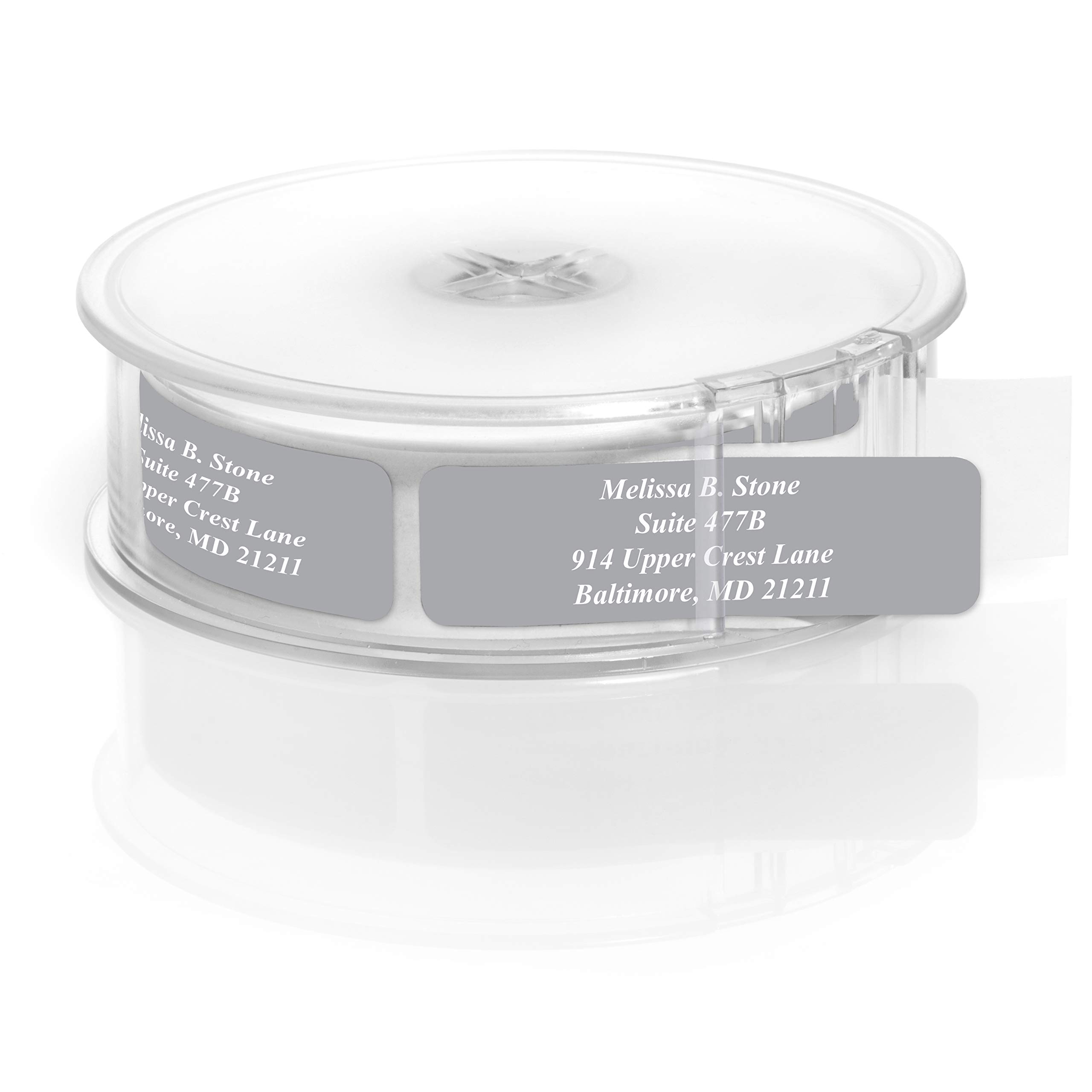 Gray Colored Personalized Address Labels with White Print and Elegant Plastic Dispenser - Roll of 500