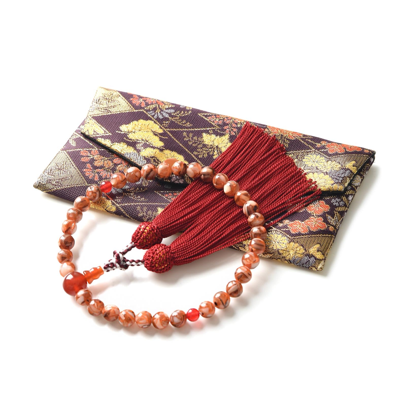 [EsuonHappiness] 数珠 女性用 西陣織金襴 数珠袋付き 天然石 紅水晶 印度翡翠 赤めのう オニキス 念珠 圧縮貝パール8mm [赤/赤めのう]商品画像