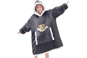 JOYWOO Kids Wearable Blanket Hoodie,Oversized Cat lovers Hoodie Blanket for kids & Teens,Birthday Gifts for Girl Boys,Warm Cozy Fuzzy Sherpa Fleece Sweatshirt Blankets with Giant Pocket Gifts,Grey