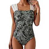 B2prity Womens One Piece Swimsuit Retro Square Neck Tummy Control Bathing Suits Ruched Modest Full Coverage Swimwear