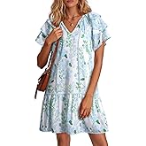 Dokotoo Womens Summer Dresses 2026 Boho Floral V Neck Drawstring Ruffle Short Sleeve Casual A-Line Swing Mini Dress Sundress