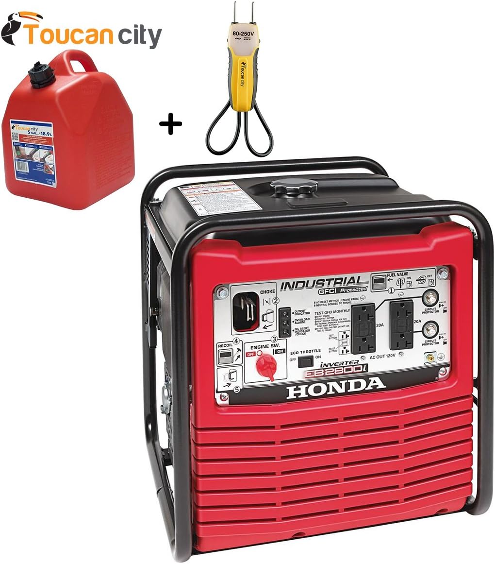 Toucan City Gas Can with Voltage Tester and Honda 2,800-Watt Gasoline Powered Portable Industrial Inverter Generator with Eco-Throttle and Oil Alert EB2800i