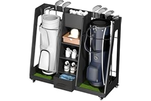 Premium Wooden Golf Bag Organizer with Wheels – Garage Golf Equipment Storage Rack with Drawer for Golf Bags, Clubs, and Acce