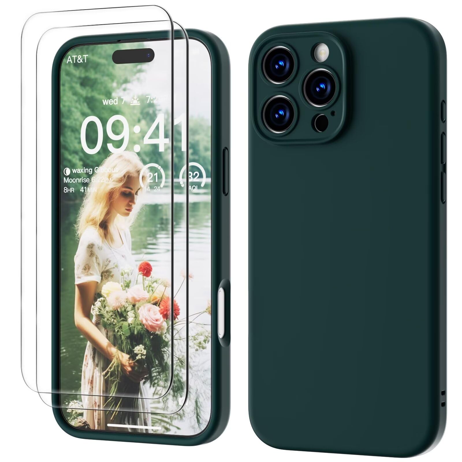 GOODVISH 3 IN 1 for iPhone 16 Pro Case 6.3 inch, Upgraded Camera Protection, 2X HD Screen Protector, Liquid Silicone Anti-Scratch Shockproof Gel Rubber Anti-Fingerprint Phone Case Cover, Dark Green