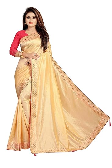 Market Magic World Womens Latest Sana Silk Stone Studded Saree with Contrast Blouse