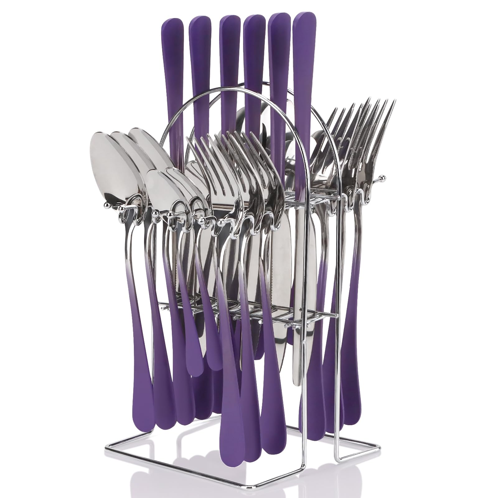 Photo 1 of 24 Pieces Flatware Set, Stainless Steel Cutlery Set with Silverware Holder, Modern Eating Tableware Set Includes Dinner Knives Forks Spoons,Hanging Silverware Set Service for 6 (Purple)