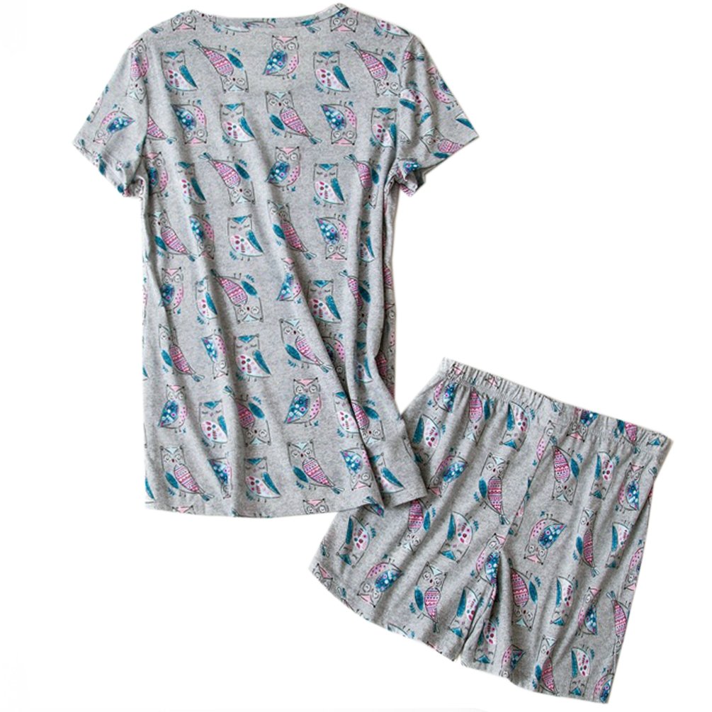 ENJOYNIGHT Women\'s Cute Sleepwear Print Tee and Shorts Pajama Set (Medium, Owl)