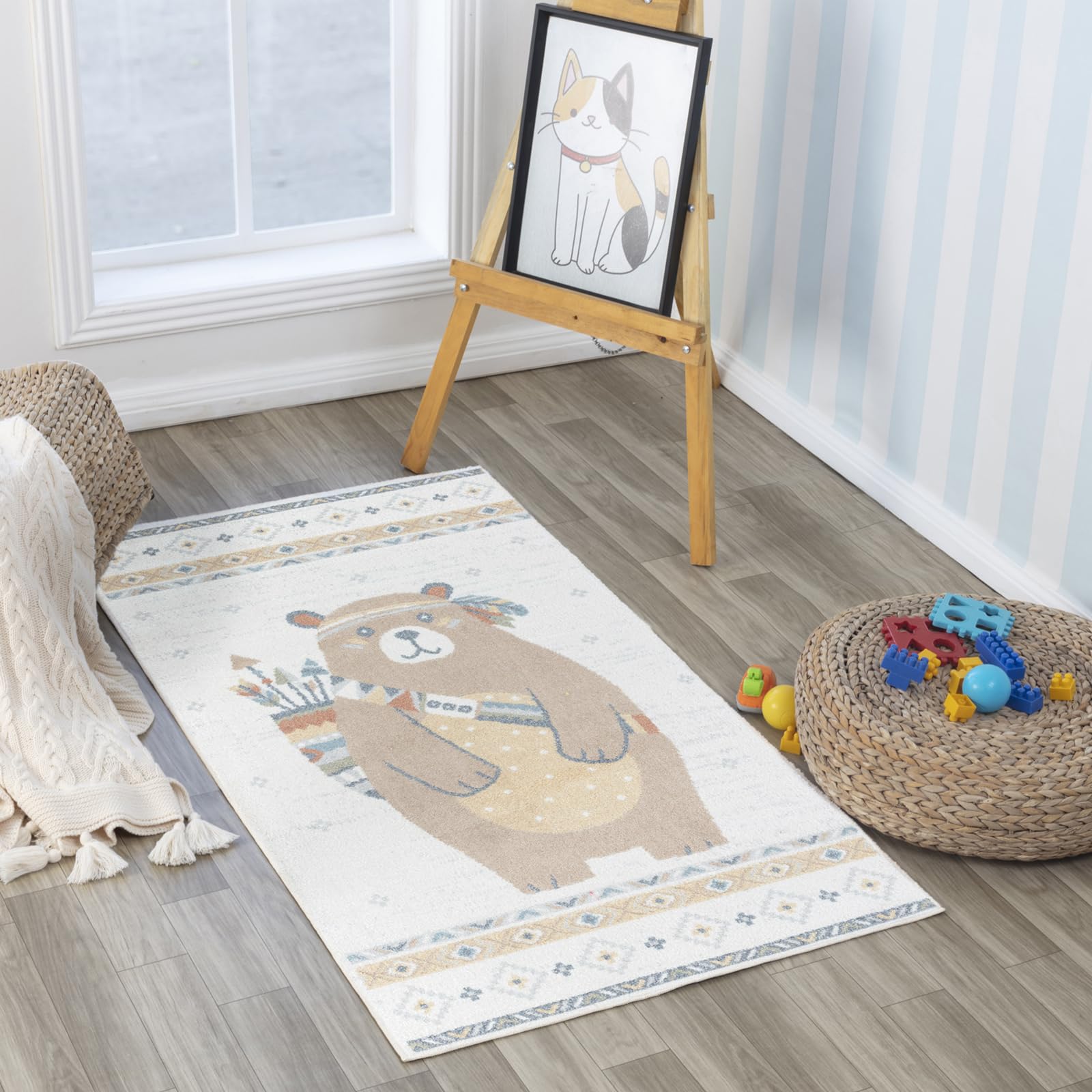 Livabliss Oursigene Bear Washable Kids Carpet 80x150 cm, Soft Machine Washable Animal Design for Bedroom, Nursery & Playroom, Easy Care, Beige