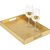 HofferRuffer Rectangle Serving Tray with Hole Handles for Coffee Table, Breakfast, Tea, Food, Butler - Countertop, Kitchen, Vanity Serve Tray, 16.2 x 12.2 x 2 inches, Faux Leather (Gold)