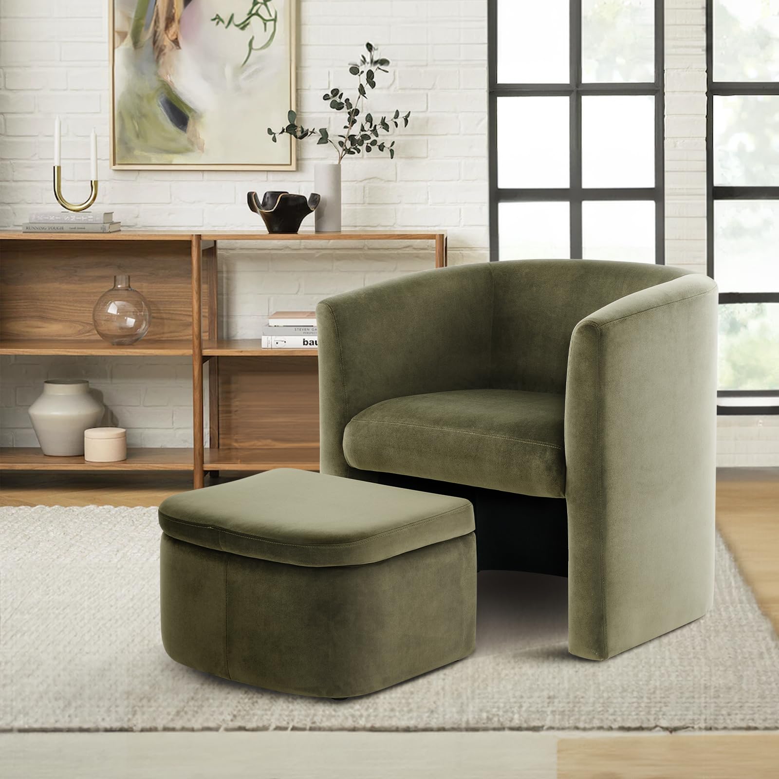 Photo 1 of COLAMY Upholstered Velvet Barrel Accent Chair with Storage Ottoman, Morden Living Room Chair with Lounge Seat for Bedroom/Reading Spaces, Green