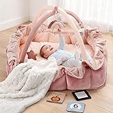 Little Dove 5-in-1 Plush Baby Play Gym, Tummy Time Mat with Blanket and 6 Sensory Toys, Baby Play Mats, Convertible Baby Gym for Sensory Development from Newborn to Toddler, Pink