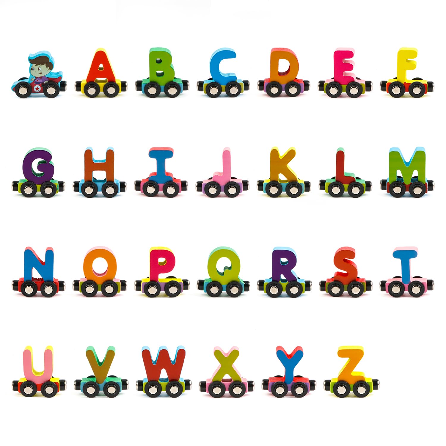 Wondertoys 27 PCS Wooden Train Set Magnetic Train Cars Alphabets Set with 1 Engine Toy Train Sets for Kids