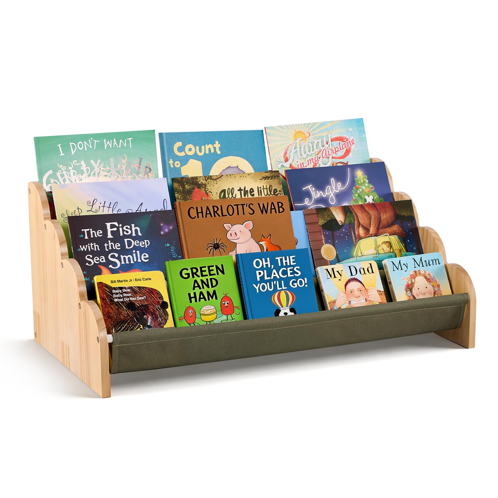 Puricon 4-Tier Kids Bookshelf, Wooden Bookcase Organizer for Toddlers with Deep Pockets & Wavy Edge, Decorative Front-Facing Sling Book Rack for Kids Rooms, Nursery, Playroom and Classroom -Sage — image 1
