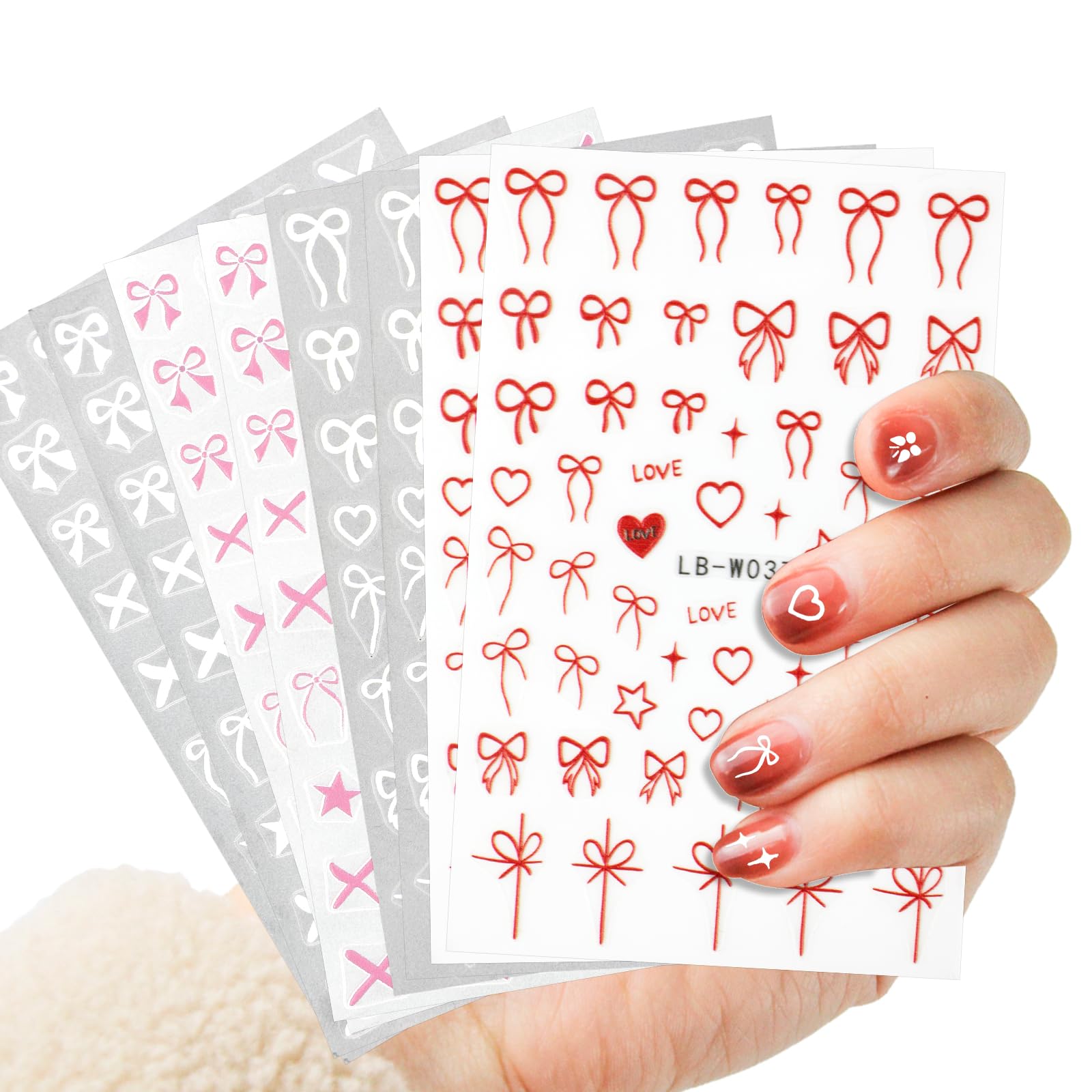 8 Sheets Cute Bow Nail Stickers, 3D Embossed Ribbon Nail Stickers Y2K Heart Cross Star Nail Decals Bowknot Sticker for Nail Design Women Nail Decor Accessories