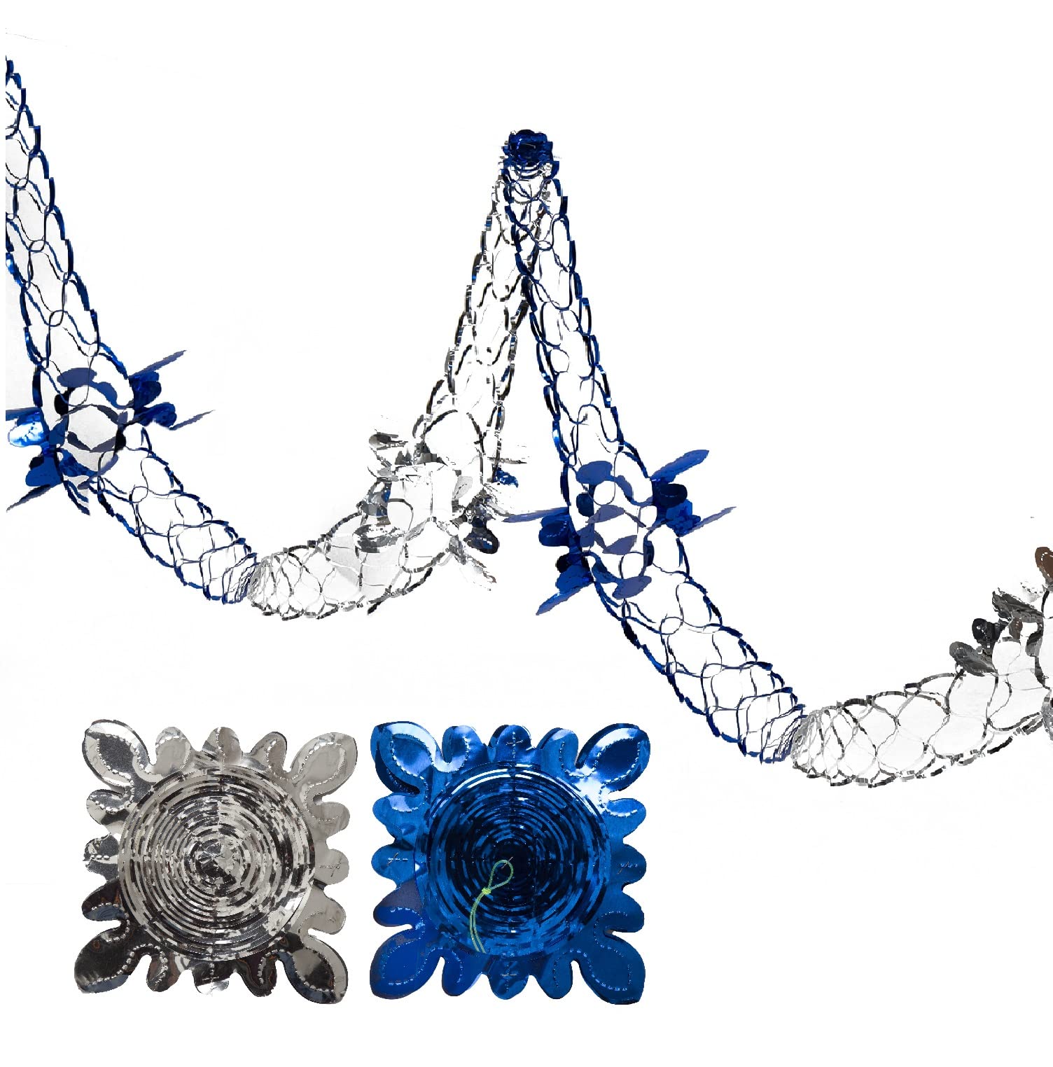 Simply Products 2 Pk Foil Garland Flower - Christmas Hanging Decoration Wall Ceiling Xmas Deco (Royal Blue & Silver)