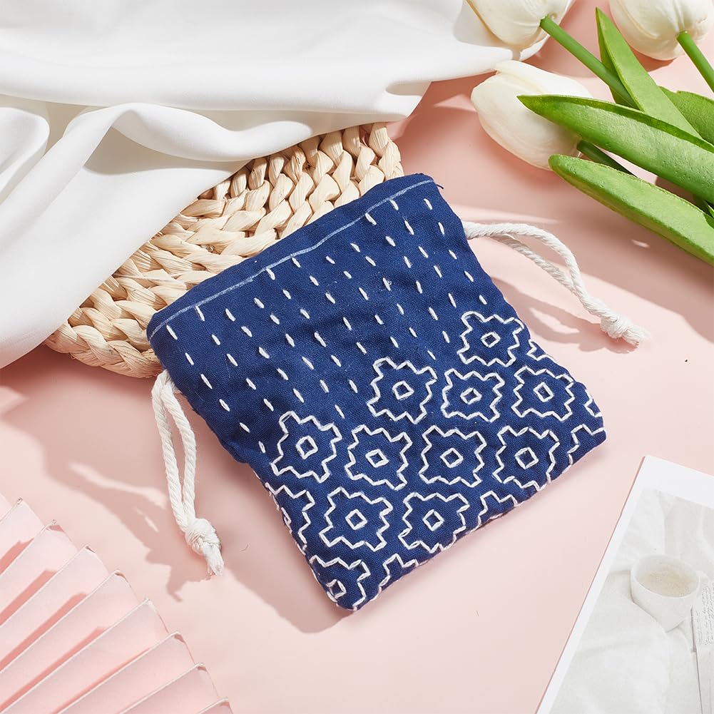 INFUNLY 3 Set Sashiko Drawstring Bag Kits Sashiko DIY Tote Bag Kit Flower Sashiko Fabric Kit for Beginners Make Your Own Tote Bag with Thread Needles Hand Sewing Set for Adults