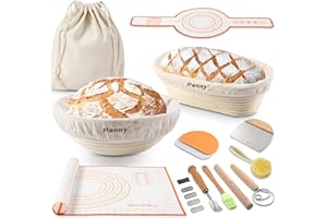 Panny Banneton Basket, Banneton Bread Proofing Basket with Liners, 9" Round & 10" Oval Sourdough Starter Kit, Sourdough Bread Baking Supplies, Bread Making Tools, Natural Rattan Proofing Bowls Baskets