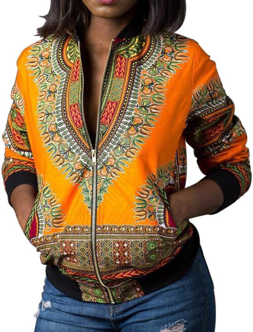 Women African Dashiki Long Sleeve Coat Biker Bomber Outwear Short Zip Up Jacket