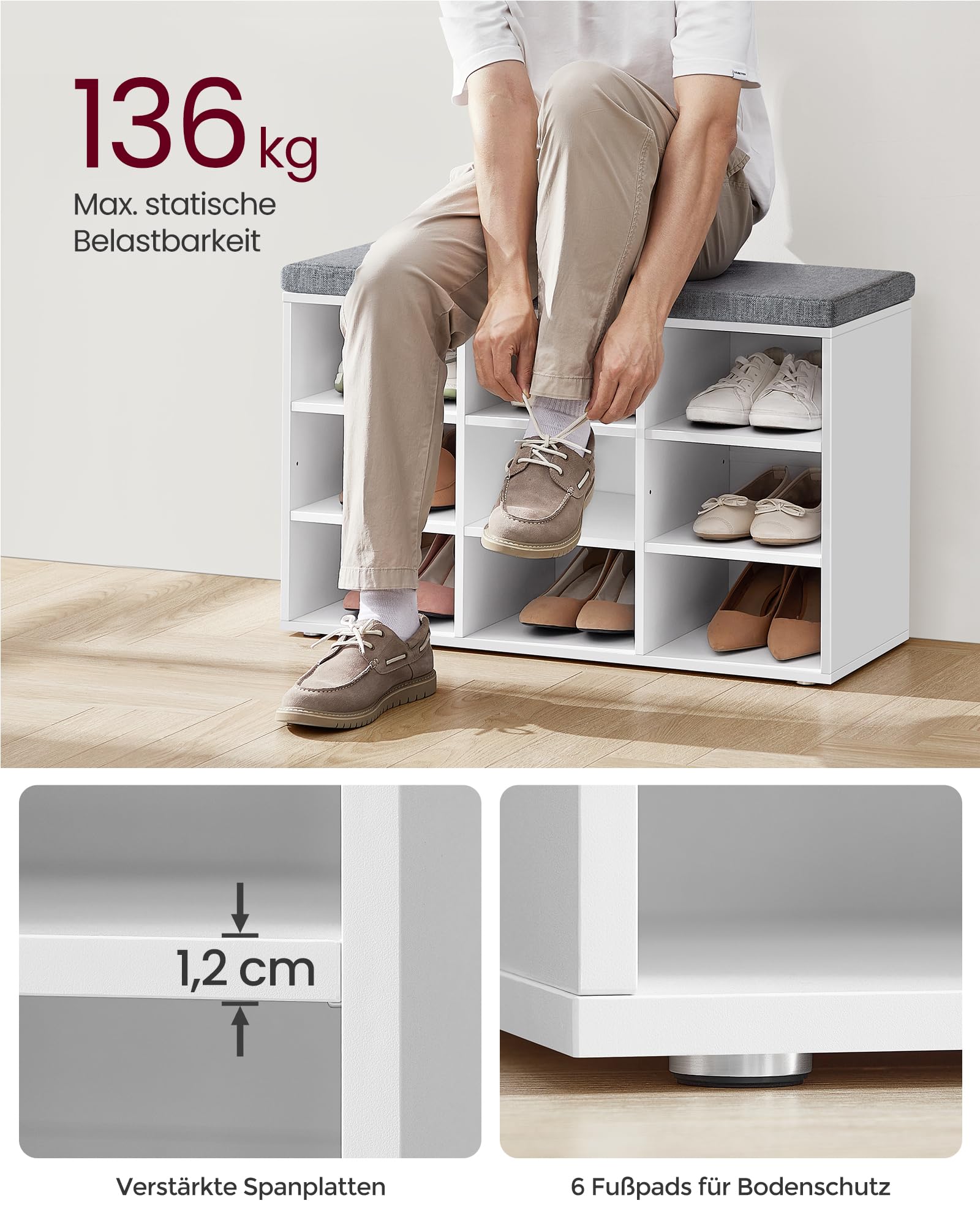 VASAGLE Schuhbank, Schuhregal mit Sitzfläche, Sitzbank mit Stauraum, Kissen, 9 Fächer, verstellbare Ablagen, für Wohnzimmer, Flur, 30,3 x 78,5 x 48 cm, wolkenweiß-Taubengrau LHS009W14 4