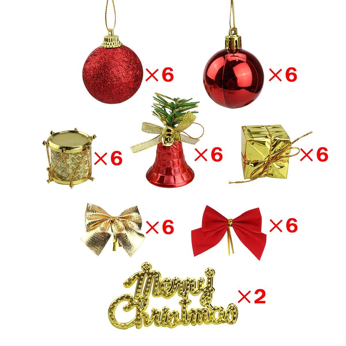 Naisidier Christmas Tree Ornaments Hanging Decoration Pendant Kit Including Christams Balls, Bowknots, Gifts Ornaments, Merry Christmas Letters, Drums and Christams Red Bells (44Pcs)