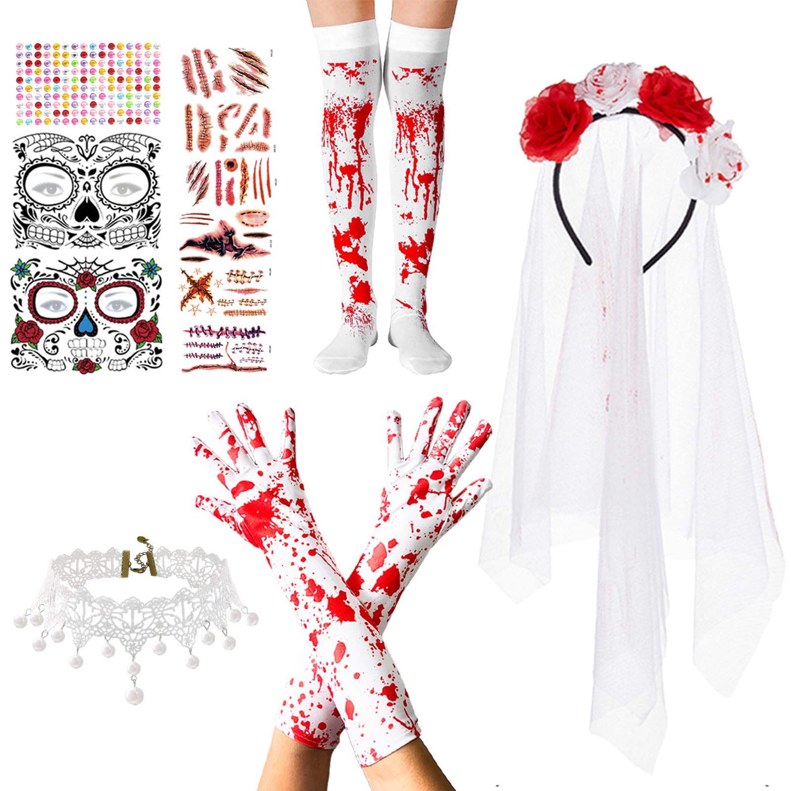 Bloody Bride Horror Halloween Costume, Rose Floral Crown Headband Lace Necklace Bloody Gloves Socks Skull Face Temporary Tattoos Day of the Dead Halloween Costume for Women Cosplay Party