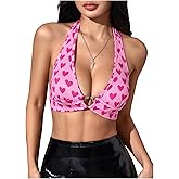 MakeMeChic Women's Valentines Halter Tops Y2k Sexy Crop Top Tie Back Ring Heart Print Rave Outfits