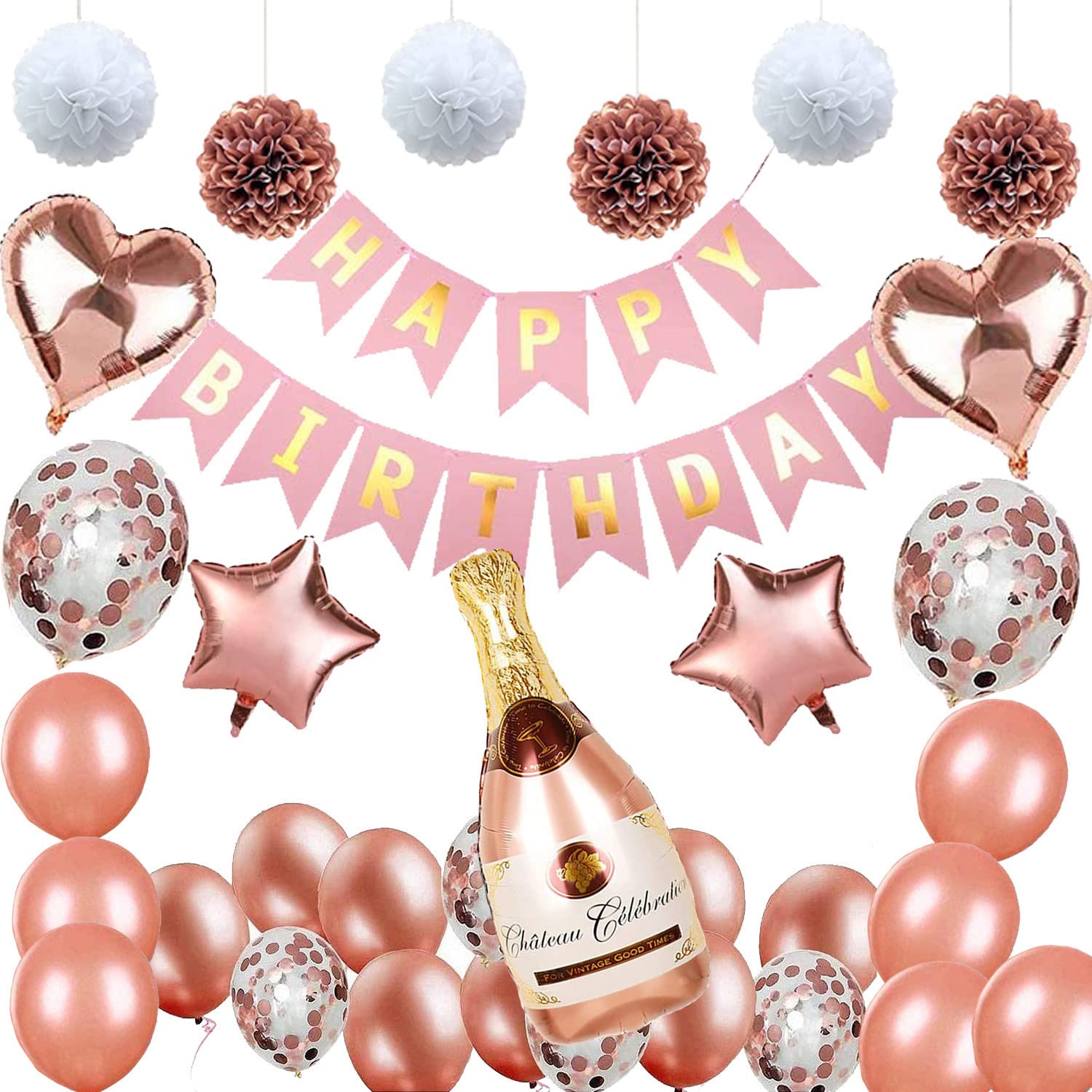 Sakruda Rose Golden Happy Birthday Balloons Party Decoration set with 1pc-40”Champagne bottle,21pcs-12”Latex Confetti Balloons,4pcs-18”Foil Balloons,6pcs-Paper flower balls and Golden Birthday Banner