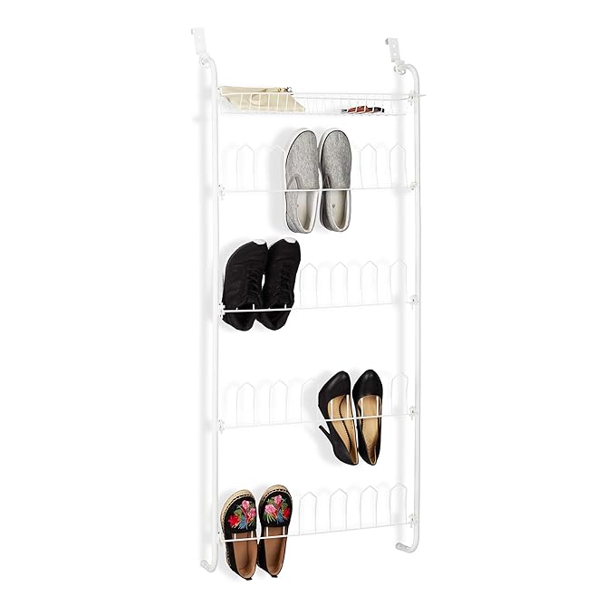 Relaxdays Tür-Schuhregal, 12 Paar, Korb, zum Einhängen, Schuhablagen auf 4 Ebenen, Eisen, HBT: 144 x 60 x 19 cm, weiß