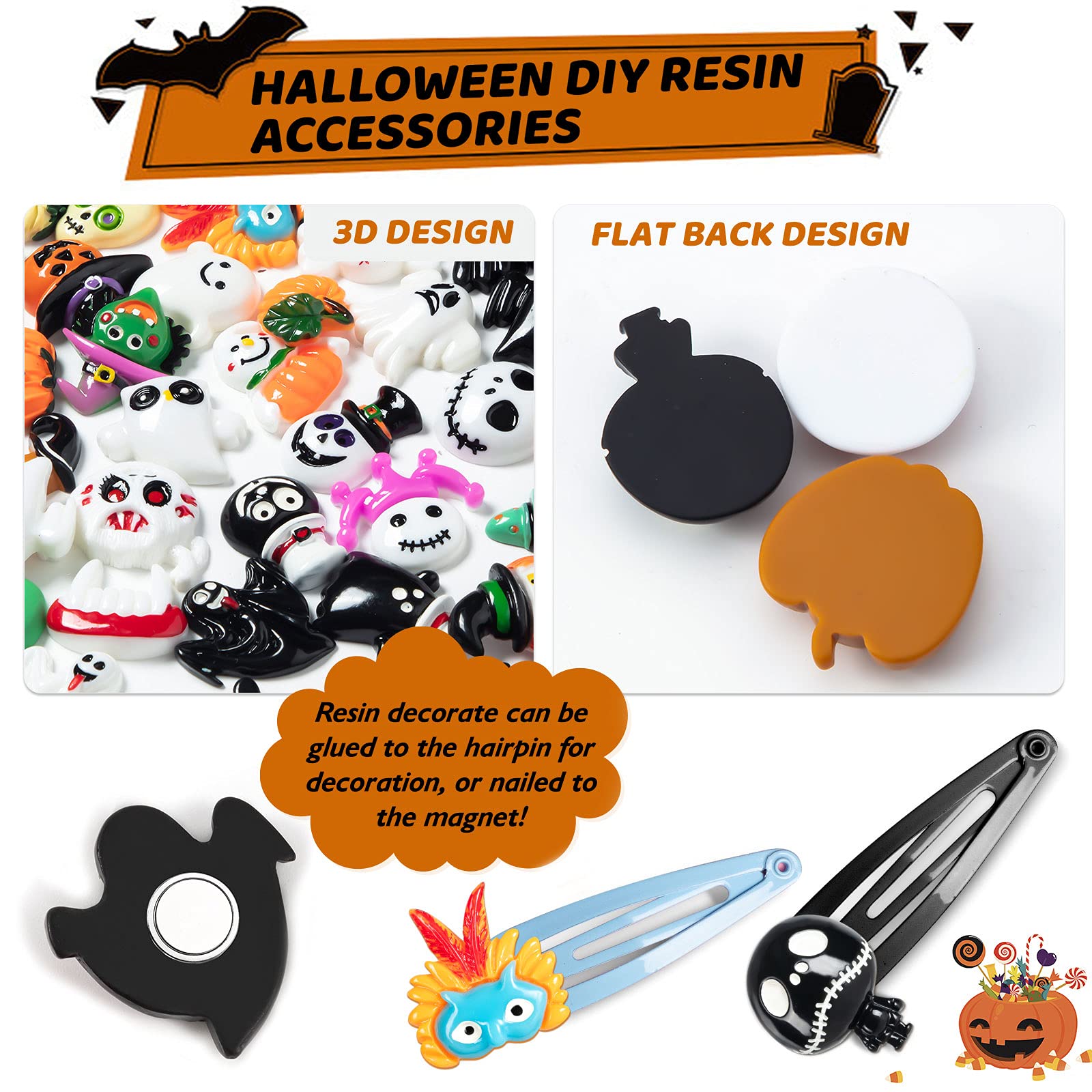 50 Pcs Halloween Resin Flatback Decorations, 3D Phone Case Flatback Skull Accessory with Pumpkin Skeleton Owl Bat, DIY Mini Halloween Slime Charms for Decorate Hairpins, Scrapbooking, Picture Frame