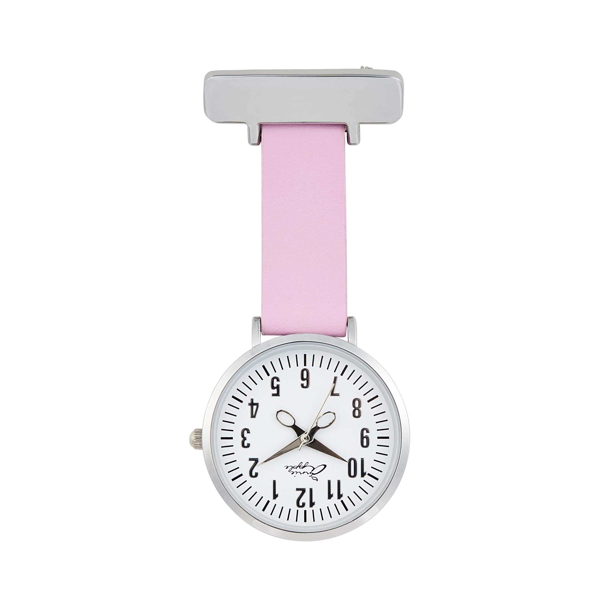 Annie Apple Nurse Fob Watch – Leather Strap, Dial with Scissor Hands, Quartz Pocket Watch for Nurses, Beauticians & Hairdressers (Silver)