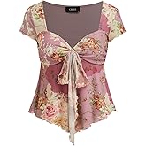 CIDER Floral Tops for Women V Neck Short Sleeve Tie Front Summer Tops
