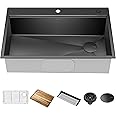 KRAUS Kore Workstation 33-inch Top Mount Drop-In 16 Gauge Black Stainless Steel Single Bowl Kitchen Sink in PVD Gunmetal Finish with Accessories, KWT310-33/PGM