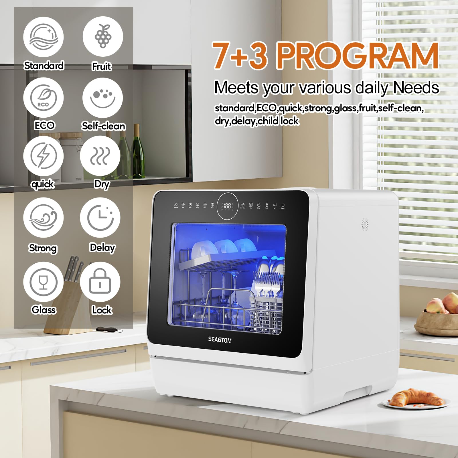 SEAGTOM Portable Dishwashers for Camping and Home with 5l Water Tank, Hose, LED Light, 10 Wash Programs, Baby Care Mode, Dual Water Supply and 1h Hot Air Drying